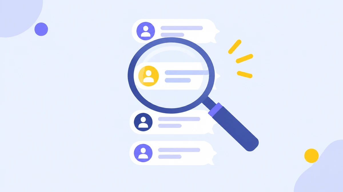How to see someone's comments on Instagram. A flat illustration of a magnifying glass over a column of comment bubbles on a light blue background