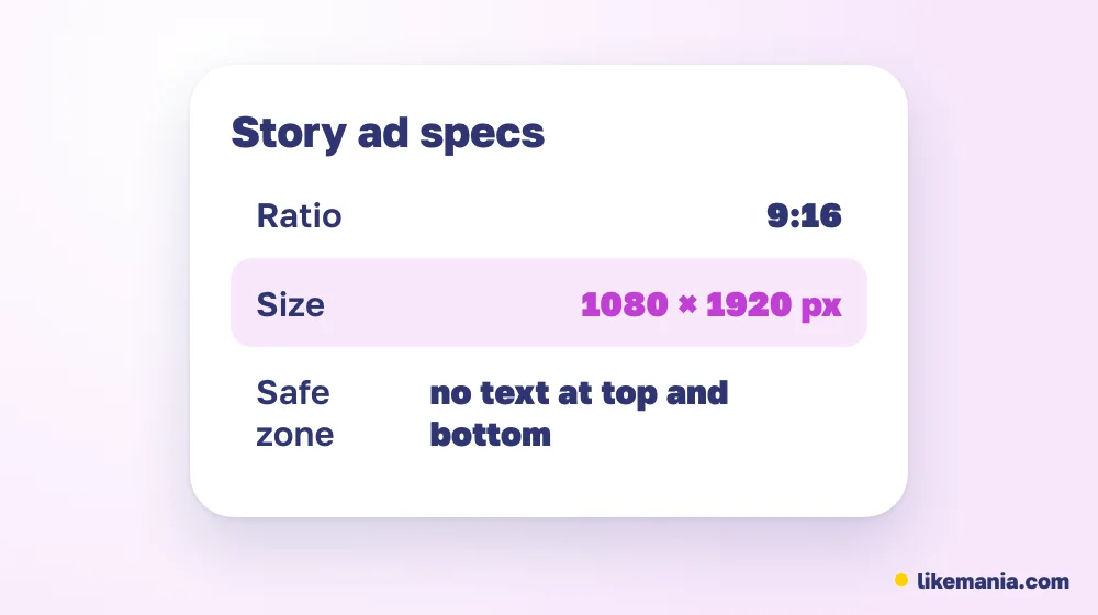 Story ad specs: 9:16 ratio, 1080 by 1920 pixels, keep text away from the top and bottom